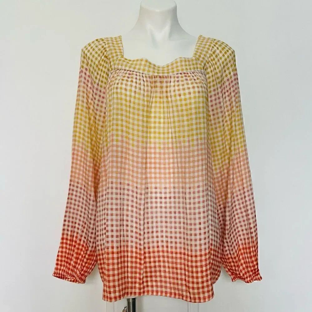 LC Lauren Conrad Gingham Check Gradient Orange Long Sleeve Blouse